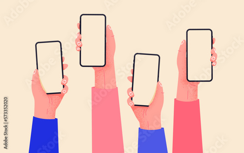 Flat vector hands with phones. Hands holding phones with empty screens mock up. Social media interaction. Social network communication on mobile app. Home office with your phone. Buy online easily.