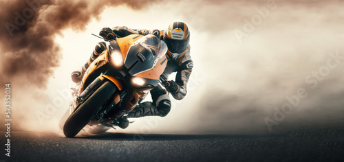 Superbike motorcycle on the race track, dynamic concept art illustration, high speed, generative ai photo