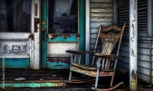  an old rocking chair sitting on the porch of a house.  generative ai © Anna