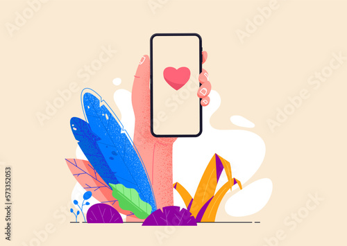 Hand holding phone in exotic tropical jungle eco friendly environment. Sending love messages on smartphone vector illustration in flat design. Chatting with friends. Social media addiction.