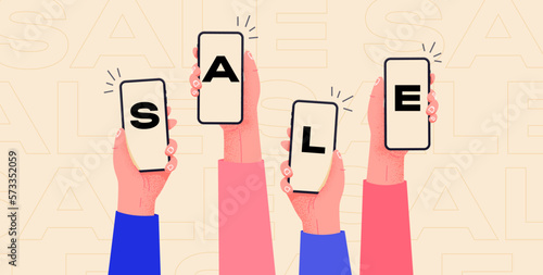 Online shopping with mobile phones. Hands holding smartphones and show SALE. Buy easily things on web shops. Marketing image for big sales.