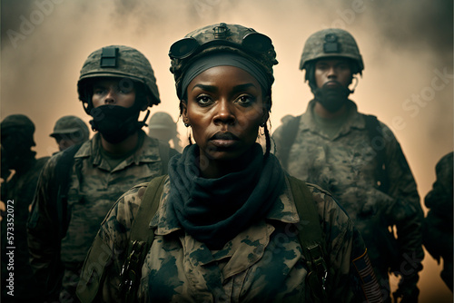 Fotografia military squad headed by an Afro-American soldier, image created with ia