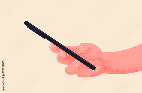 Holding mobile phone in hand. Phone side mockup. Editable smartphone template vector illustration on isolated background. Press touch screen and buy online. Transfer money or book online concept.