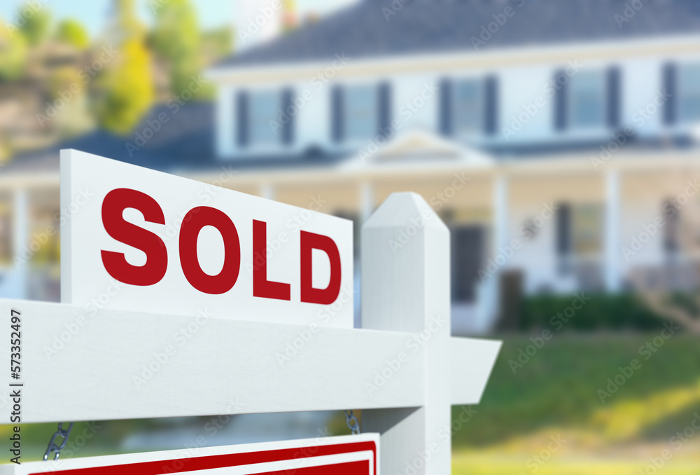Sold For Sale Real Estate Sign in Front of New House. Sold For Sale Real Estate Sign in Front of New House.