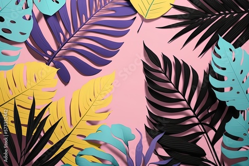 Tropical leaves background. Vivid bright color shaded palm leaves in purple yellow  black and blue colors. Modern style trendy jungle florals for summer party