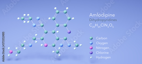 amlodipine molecule, molecular structures, dihydropyridines, 3d model, Structural Chemical Formula and Atoms with Color Coding photo