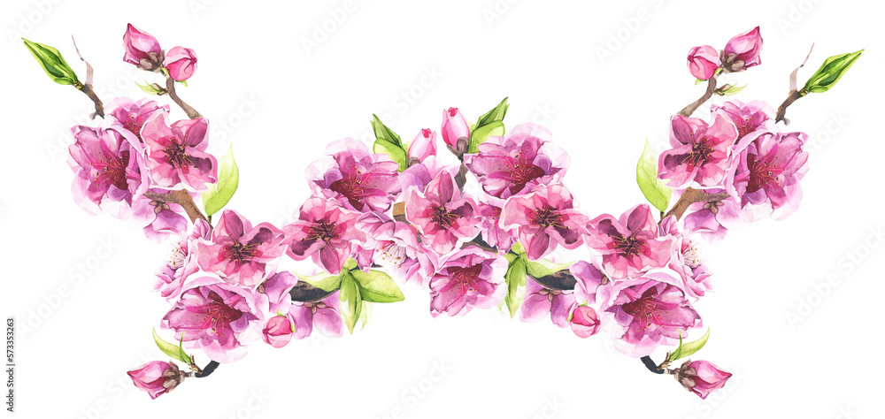 Pink cherry blossoms and leaves bouquet. Watercolor painted floral arrangement. Cut out hand drawn PNG illustration on transparent background. Isolated clipart.