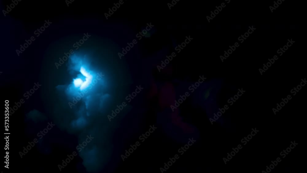 3d animation. Fantastic thunderstorm in the night sky. Flashing lightning, colorful neon light glows inside the stormy cloud.