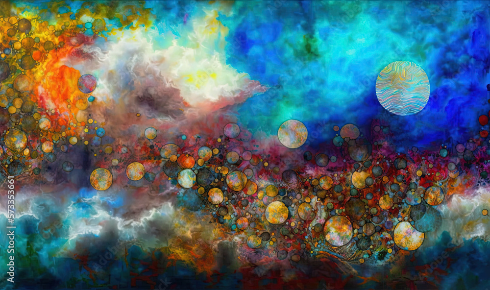  a painting of a sky filled with lots of different colored bubbles.  generative ai