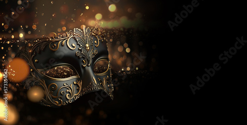 Venice luxury Masquerade mask, golden, carnival black background, flyer, invitation