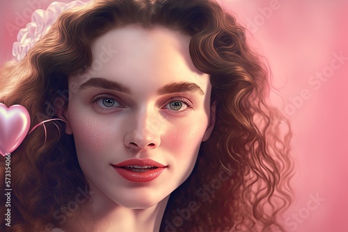 Close up portrait of young girl in love with pretty eyes, curly dark red hair, holding an abstract heart in her hand, facing view. Generative AI