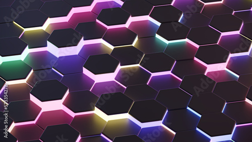 3D illustration of hexagonal shapes in black in axonometric tilted view with red  green and blue colored backlight. Dark abstract modern background.