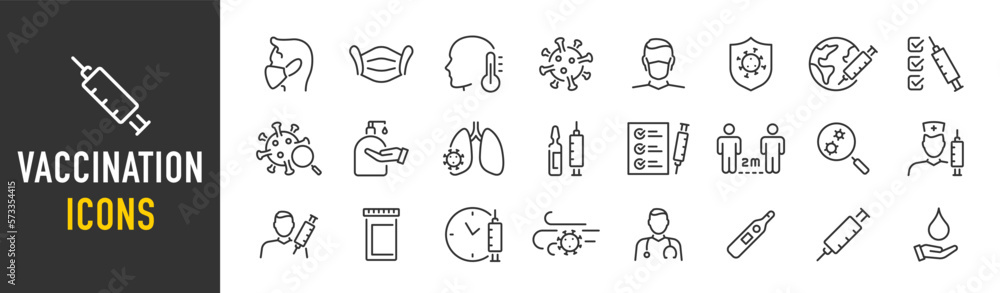 Set Vaccine and Vaccination web icons in line style. Medicine, vaccine dose, anti virus, doctor, virus, testing, lab, infographic collection. Vector illustration.