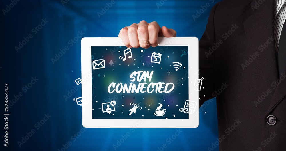 Person holding tablet, social network concept Person holding tablet, social network concept