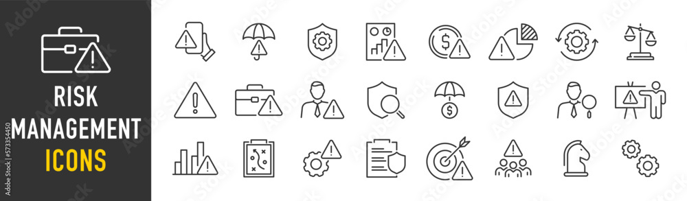 Risk Management web icon set in line style. Risk analysis, risk investment, minimizing losses, plan, low cost, collection. Vector illustration. - obrazy, fototapety, plakaty 