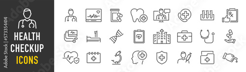 Set Medical Сheck up web icons in line style. Medicine, medical card, RX, doctor, virus, testing, lab, infographic collection. Vector illustration.