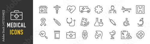 Set Medical and Healthcare web icons in line style. Medicine, RX, doctor, virus, testing, lab, scientific discovery, infographic collection. Vector illustration.