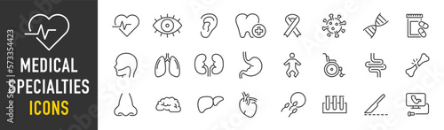 Set Medical Specialties web icons in line style. Medicine, RX, doctor, virus, testing, lab, scientific discovery, infographic collection. Vector illustration.