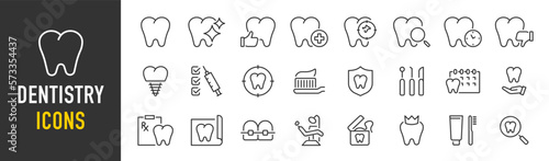 Dentistry web icon set in line style. Dentist, dental, dental treatment, prosthetics, teeth whitening, implant, braces, collection. Vector illustration.