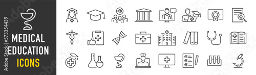 Medical Education web icon set in line style. Medicine, college, student, learning, book, collection. Vector illustration.