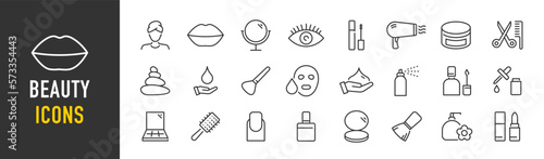 Beauty web icons in line style. Cosmetics, make up, fashion, salon, bodycare, beauty therapy, collection. Vector illustration.