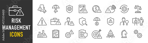 Risk Management web icon set in line style. Risk analysis, risk investment, minimizing losses, plan, low cost, collection. Vector illustration. photo