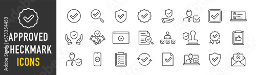 Checkmark and Approved web icon set in line style. Checklist, accepted, stamp, accept, agree, quality control, collection. Vector illustration.