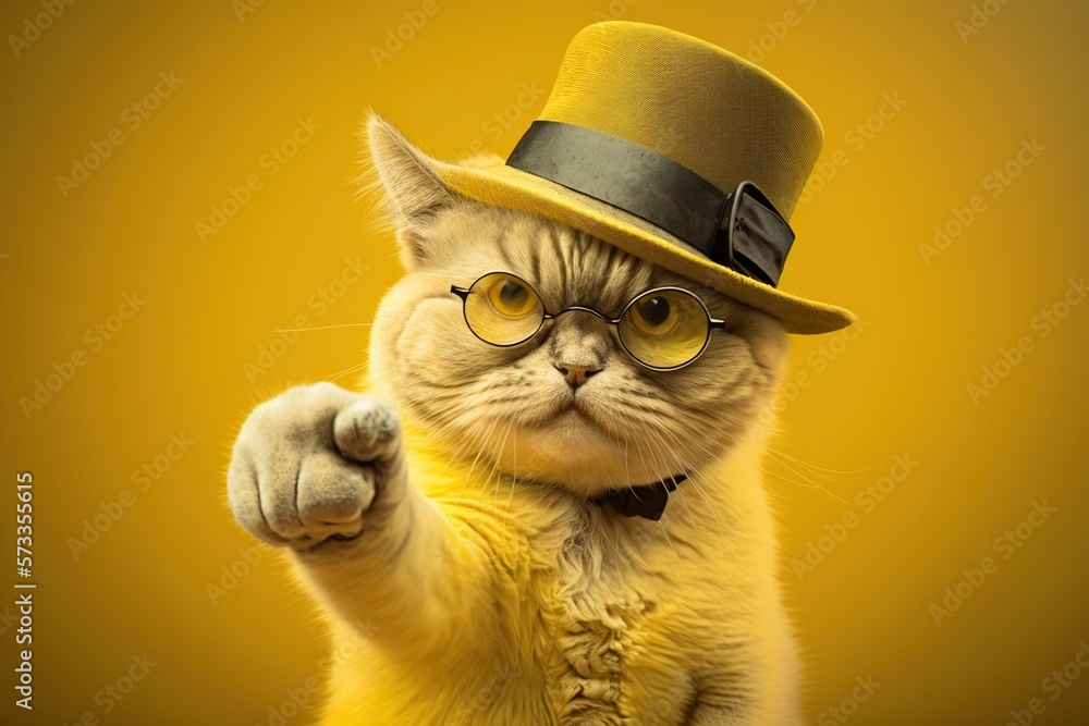 Cat in yellow hat and glasses pointing you, created with Generative AI