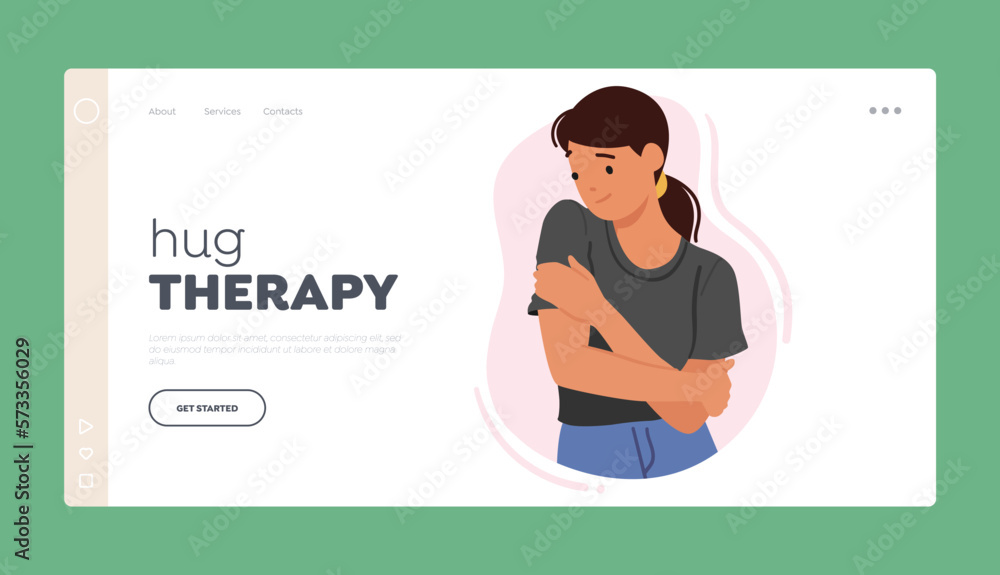 Hug Therapy Landing Page Template. Female Character Taking Care Of Oneself, Feel Love and Secure. Comfort And Solace Hug Therapy Landing Page Template. Female Character Taking Care Of Oneself, Feel Love and Secure. Comfort And Solace