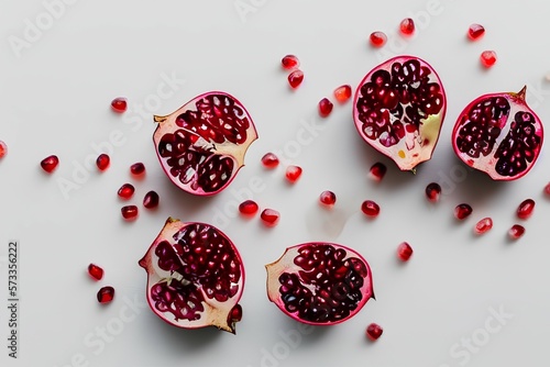 Two glasses of pomegranate on a geometric podium on a sunny and shaded white background. Summer refreshment concept. Sunny flat lay. Minimal style - generative ai