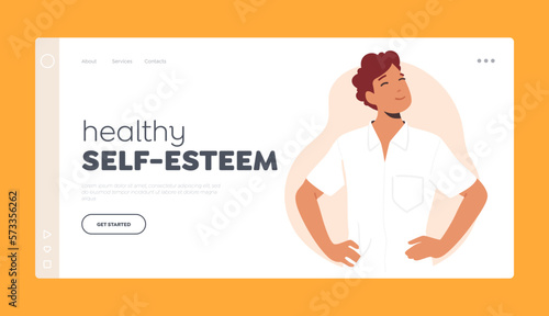 Healthy Self-Esteem Landing Page Template. Man With Arms Akimbo Standing in Confident Posture And Determined Expression