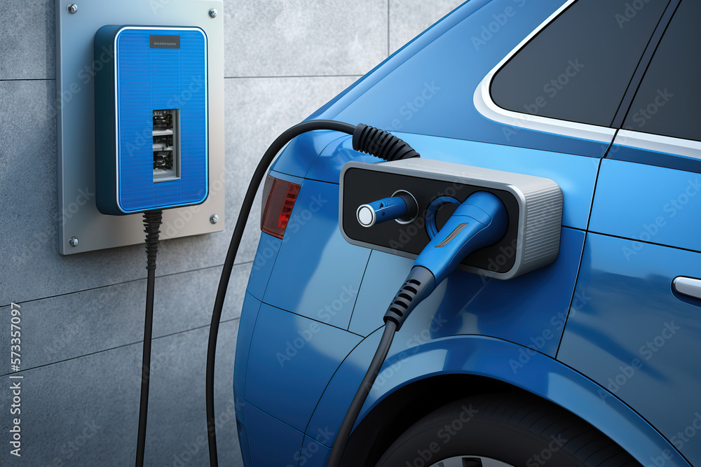 closeup of a blue modern new electric SUV car plugged in and recharging at charging station after Fit for 55 green deal, generative AI