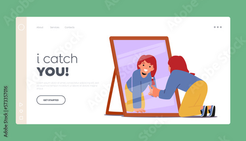 Child Look in Mirror Landing Page Template. Little Girl Scrutinize Examining her Reflection Located In Front Mirror