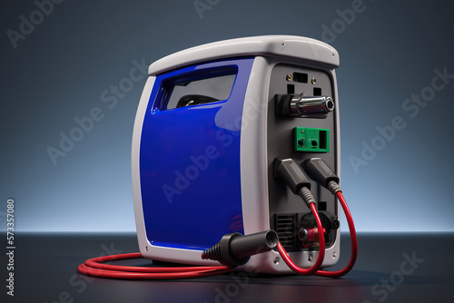 Blue electric car charger or battery booster with EU logo and copy space, generative AI