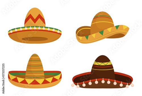 Set of Bright Mexican Sombrero Hats Isolated On White Background, Perfect For Cultural And Folkloric Themes