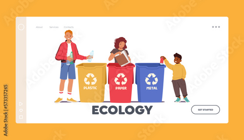 Ecology Landing Page Template. Children Taking Part In Recycling Process Sorting Waste into Litter Bins