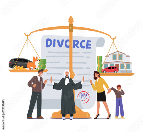 Family Conflict Concept With Husband, Wife And Kid Characters At Scales In Law Judge Courthouse During Court Hearing