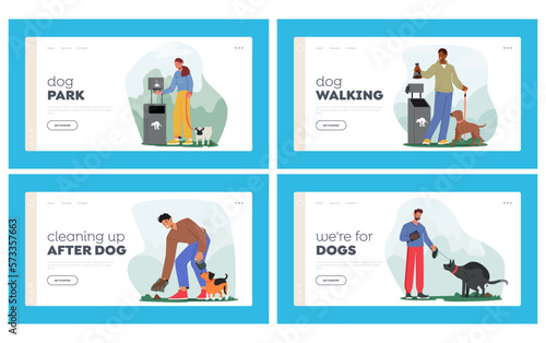People Cleaning up Poop of their Dogs Landing Page Template Set. Common And Necessary Task For Animal Owners