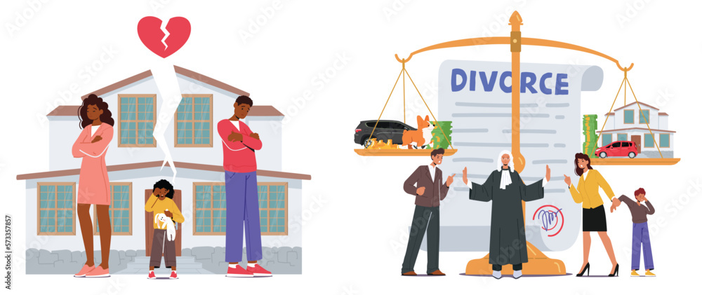 Obraz premium Family Breakup, Divorcement Concept. Emotional Distress Of A Child In The Midst Of A Parental Divorce Illustration