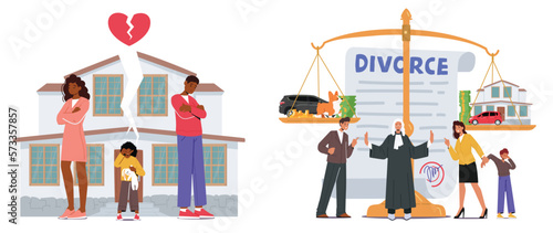 Family Breakup, Divorcement Concept. Emotional Distress Of A Child In The Midst Of A Parental Divorce Illustration