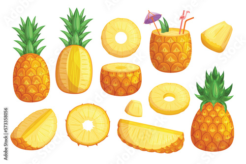 Set of Pineapples Isolated On White Background, Fresh Juicy Tropical Fruit With Green Leaves, Ripe Whole and Cut