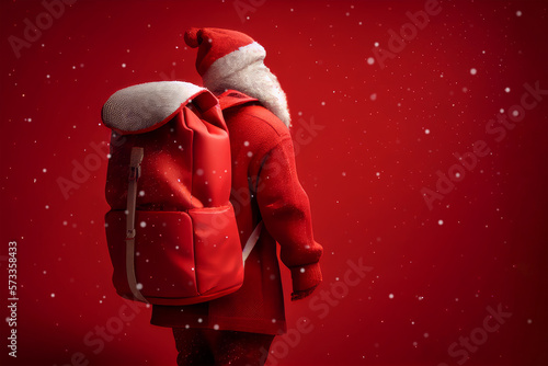 Christmas card. Santa Claus stands on a red background with a big sack on his back. Christmas theme with copy space, snow is falling. Generative AI