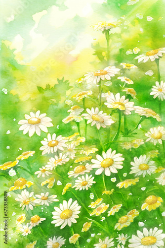 Vivid field of chamomiles. Generative AI illustration in watercolor style © ChaoticDesignStudio