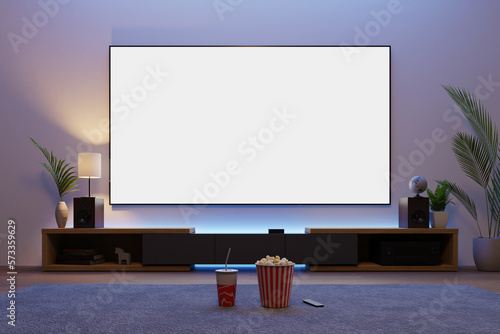 tv screen mockup in living room, 3d rendering