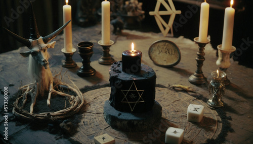 Occult grimoire  black magic book laying on table with occult symbols  candles  pentagrams  fortune telling  ritual  altar  spiritism  secret knowledge  scull. ai generative.