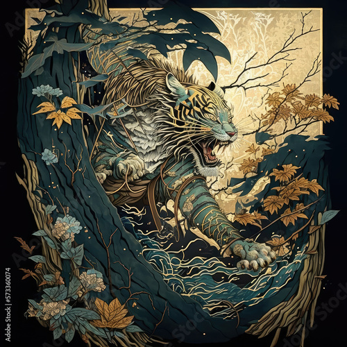 Japanese painting depicting Japanese yokai, gold leaf backgrounds, jungle, vengeful tiger, mainly depicted with delicate and careful line drawings © Man888