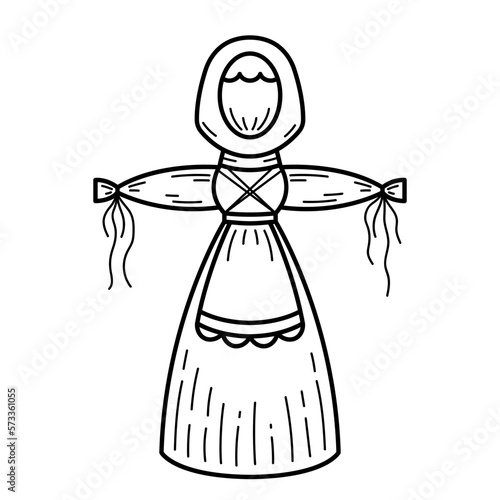 Shrovetide scarecrow. Maslenitsa. Butter Week. Straw effigy of a woman for burning. Isolated vector illustration in doodle line style.