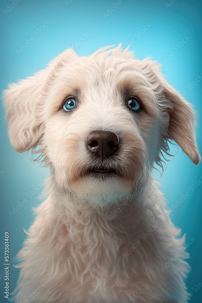 A cute dog looks at the camera. Plain blue background. Formatted for book cover use. A cute dog looks at the camera. Plain blue background. Formatted for book cover use.
