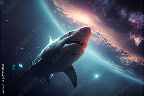 Space Giant Shark swims in space cinematic style. High quality ai generated illustration © Imaginarium_photos