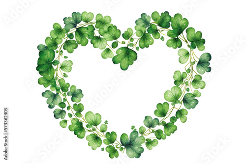 Spring and St. Patricks Day concept as a clover heart frame on transparent background. Digital painting over generative AI.